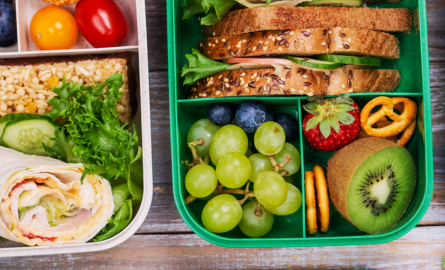 Packed lunches with a variety of foods.
